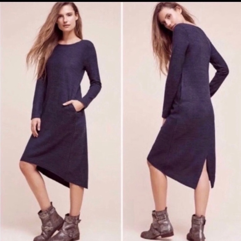 Anthropologie Moth Knit Long Sleeve Slit Asymmetrical Midi Sweater Dress sz XS - Picture 2 of 8